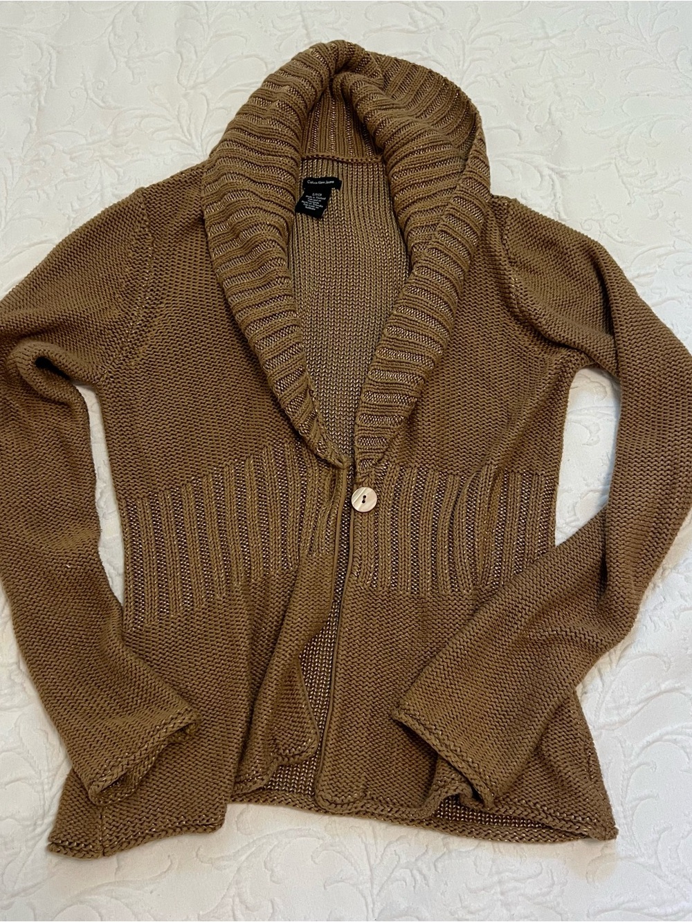 Calvin Klein Brown Shawl-Collar Cardigan with Gold Threads Throughout Size Small